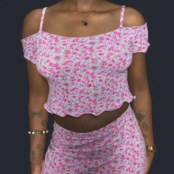 Pink/lavender floral crop top and skirt set - Picture 3 of 4